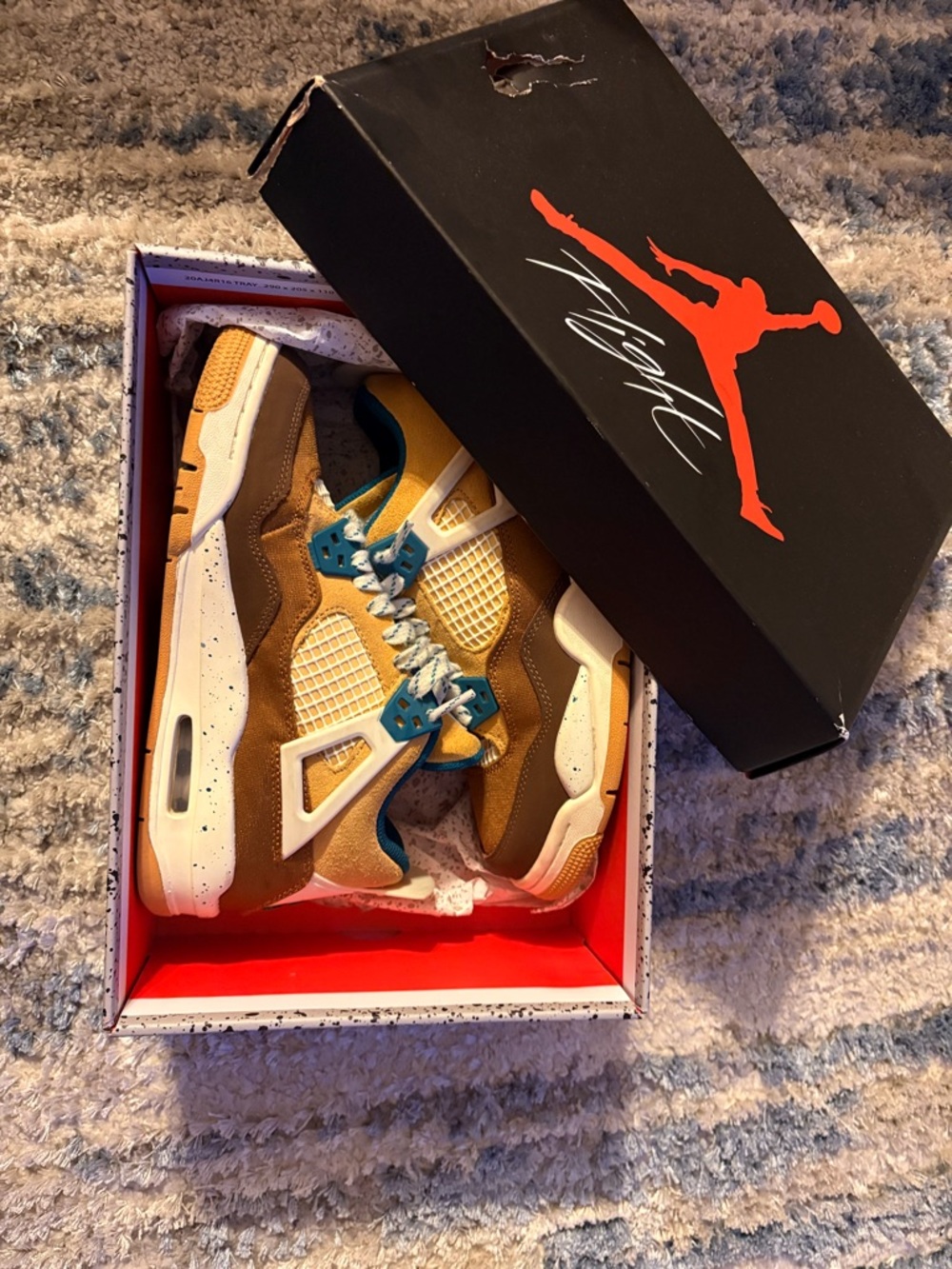 Jordan Retro Sneaker in Brown, Yellow & Teal Accents. Size 5Y